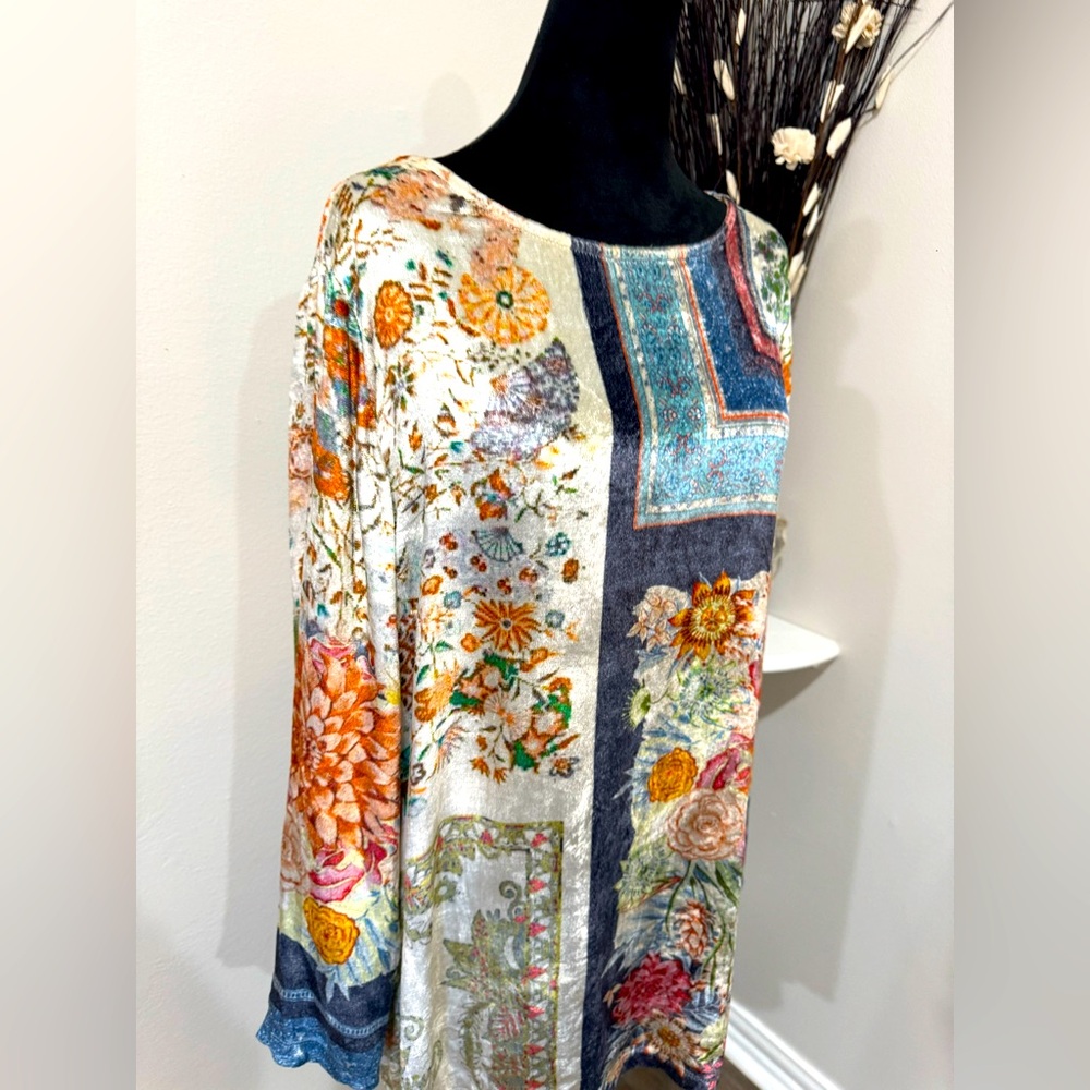 Soft Surroundings Floral Patchwork Tunic Top in Blue, Cream, Orange - Picture 2 of 9